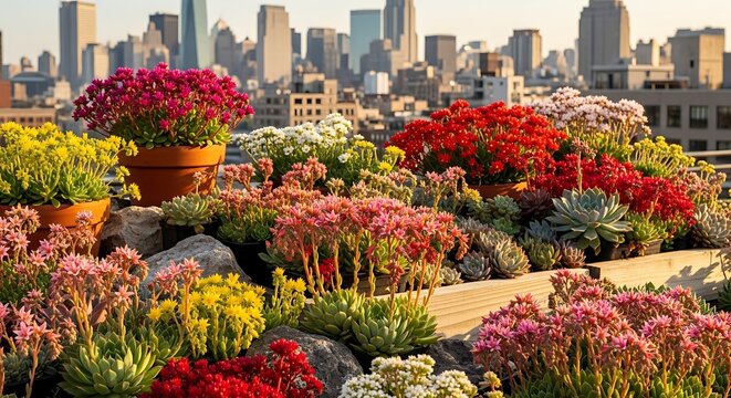 Beautiful rooftop garden with colorful succulents and urban city background view