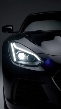 Dramatic close-up of a sleek, black sports car's illuminated headlight and front