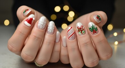 Festive Christmas Nail Art Displayed with Bokeh Background and Warm Lighting.