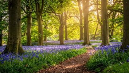 A path winds through a spring forest with bluebells and dappled sunlight
