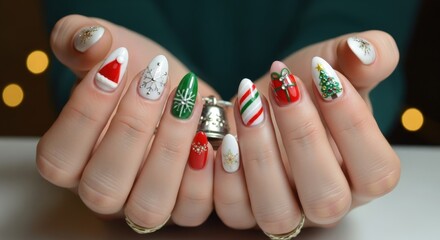 Festive Christmas Nail Art Displayed on Hands with Bokeh Lights Background.