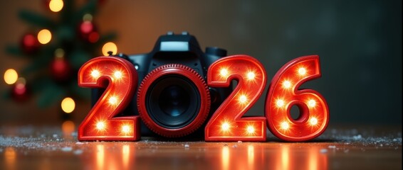 Festive 2026 sign with glowing red numbers and a camera lens replacing the zero, surrounded by Christmas lights and soft snow on a wooden surface
