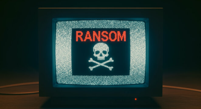 An ominous, pixelated ransom alert on an old-fashioned television screen, sending a chilling message about data security, against a shadowy backdrop, this image is a digital threat in the making.