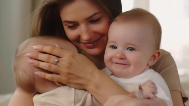 A mother lovingly embracing her adorable twin babies Stock Video