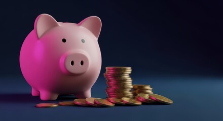 Pink piggy bank and stacked gold coins on dark background