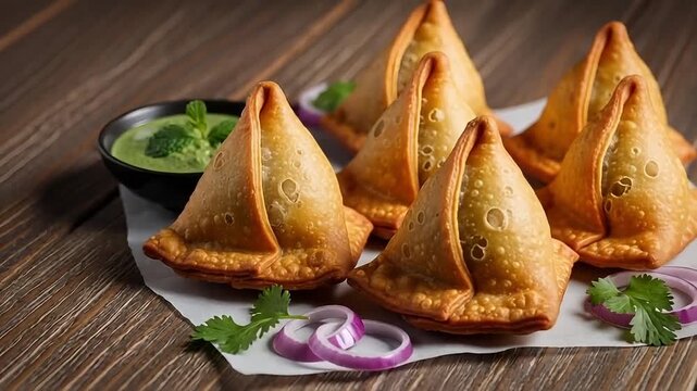 Crispy, goldenbrown samosas arranged on a rustic wooden surface, served with a vibrant green mint chutney and garnished with red onion and cilantro