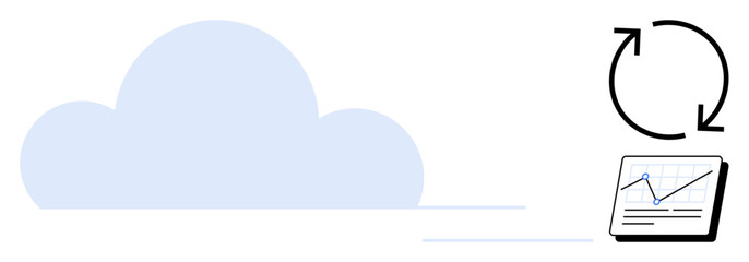 Large cloud icon, rotating arrows symbolizing synchronization, and a line graph representing data. Ideal for technology, cloud computing, data analytics, synchronization, updates, efficiency