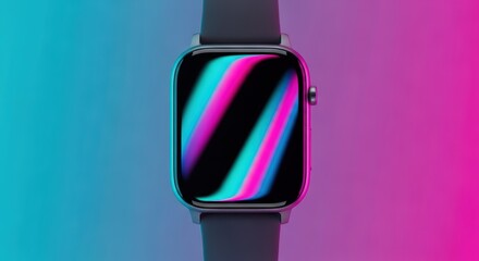 Futuristic smartwatch with neon gradient display on blue and pink background