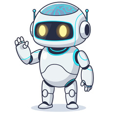 Friendly AI robot character with glowing eyes and a digital brain, a friendly mascot