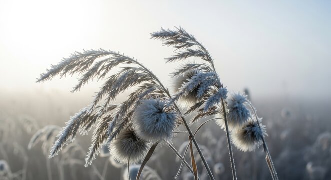 Frost covered reeds in soft morning light, creating a serene winter landscape - Powered by Adobe
