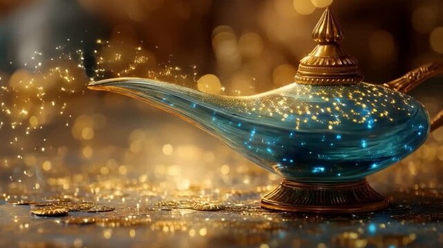 Magical genie lamp with sparkling effects and mystical atmosphere