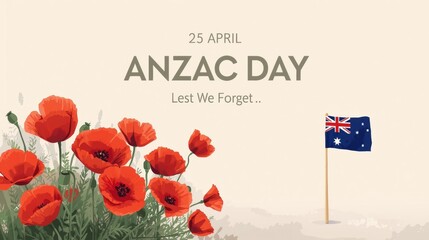Anzac day remembrance with red poppies and australian flag