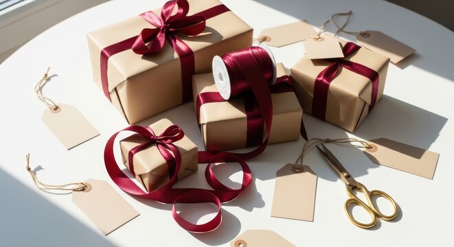 Beautifully wrapped gifts with red ribbon and blank tags on a table