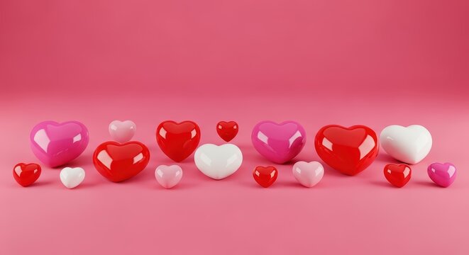 Colorful heart collection on pink background with red, pink, white shapes