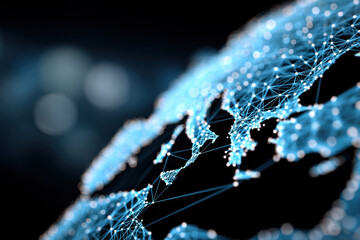 Digital particles forming world map with connected data nodes