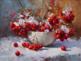 A bunch of mountain ash dusted with snow. On a white background.