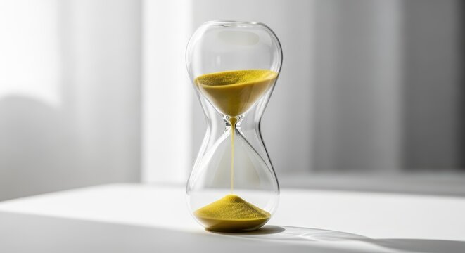 Elegant glass hourglass with flowing golden sand on white background