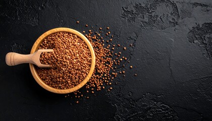 Buckwheat Grains in Wooden Bowl on Black Background.