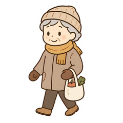 冬の寒い日に買い物帰りの高齢女性がエコバッグを持って歩くシーンのかわいいベクターイラスト