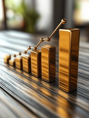 Gold bar business success concept with 3D financial market growth bar chart diagram and up arrow investment progress illustration
