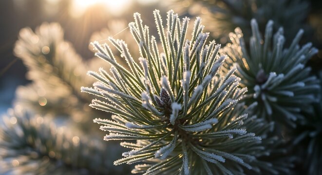 Close up of frosty pine needles with warm sunlight glow