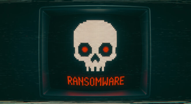 A digital skull with ominous red eyes signals an imminent threat of ransomware, against a darkened, high-tech backdrop. The digital graphic creates a sense of foreboding. - Powered by Adobe