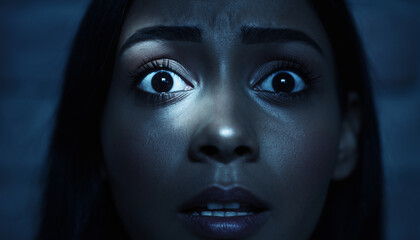 Close-up of a person's face with wide eyes in darkness.
