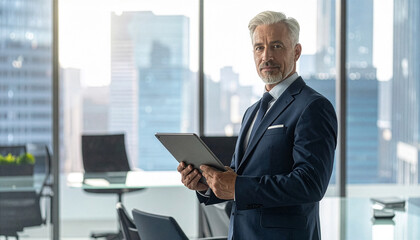 Executive CEO by city window in modern corporate office — base look