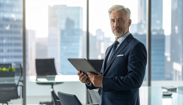 Executive CEO by city window in modern corporate office — base look - Powered by Adobe