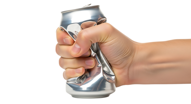 Hand squeezing and crushing an empty silver aluminum beverage can.