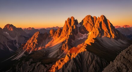 Majestic mountain peaks at sunset with glowing orange light in scenic landscape