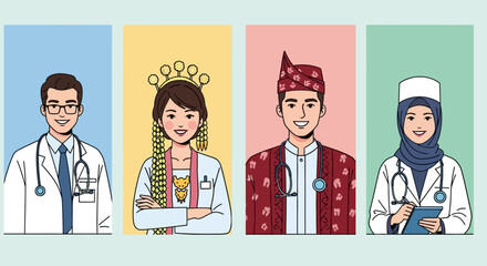 Diverse group of medical professionals in traditional attire and modern scrubs, representing cultural inclusivity in healthcare.