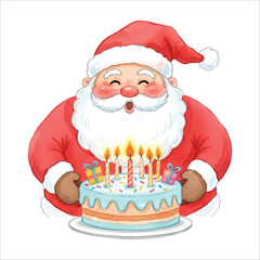 Santa Claus Blowing Birthday Candles Watercolor Vector Isolated on White Background
