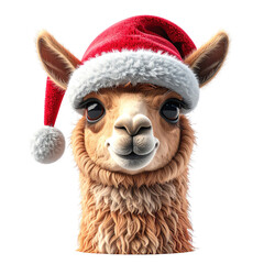 Charming depiction of a fluffy camelid wearing a festive winter cap, clipart, isolated on a transparent background.