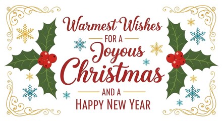Digital illustration of a Christmas and New Year greeting card with holly leaves, red berries, and colorful snowflakes on a white background with gold filigree.