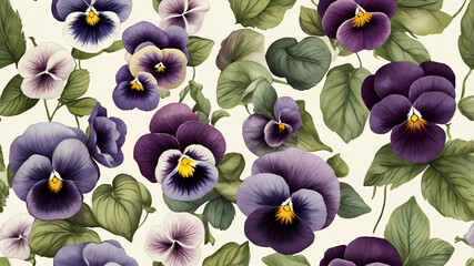 A beautifully illustrated seamless pattern of vibrant purple pansy flowers with green leaves, creating a delicate and elegant floral garden background