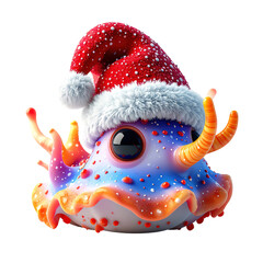 Adorable cartoon sea slug character wears a fluffy red and white holiday cap, clipart, isolated on a transparent background.