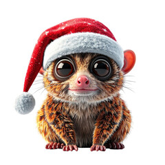 Adorable furry creature with large eyes wears a festive holiday hat, clipart, isolated on a transparent background.