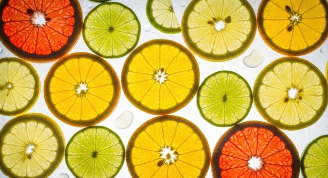 Vibrant citrus slice arrangement with grapefruit, lemon, and lime - Powered by Adobe