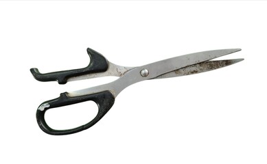 Old metal scissors with worn and broken black handles displayed on a white background
