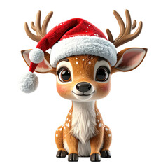 Adorable fawn figure wearing a fuzzy Santa hat sits, clipart, isolated on a transparent background.