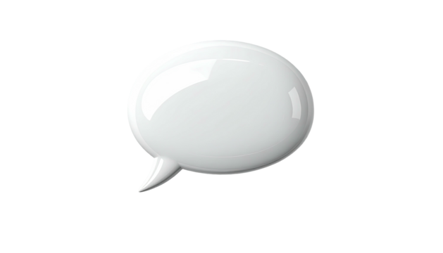 Glossy white speech bubble floats on plain black backdrop