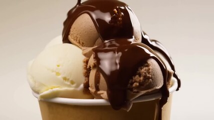 An appetizing ice cream with three scoops of different flavors, drizzled with rich chocolate sauce. The ice cream is in a paper cup, tempting and delicious Stock Video