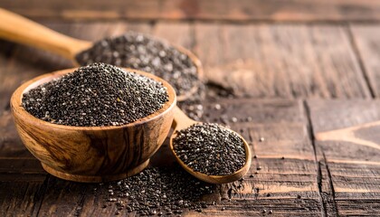 Chia Seeds in Wooden Bowl and Spoon on Rustic Wood Surface.