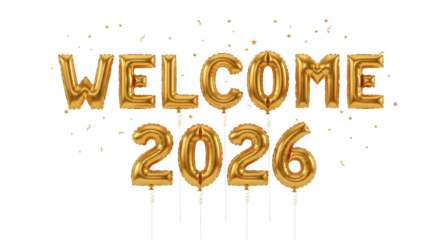 Golden welcome 2026 balloon text with festive confetti accents