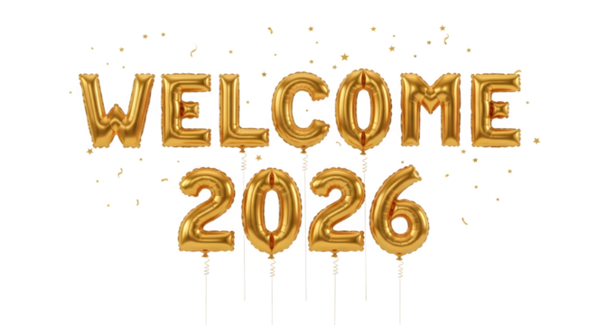Golden welcome 2026 balloon text with festive confetti accents