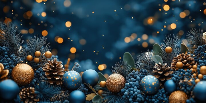 Blue and gold Christmas background with pine cones, mistletoe leaves, and decorations on a dark navy blue bokeh background for card design