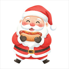 Santa Claus Eating Hotdog Watercolor Vector Isolated on White Background
