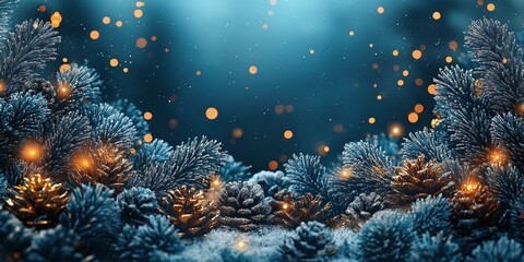 Frosty fir branches with glowing pine cones on a blue background for a Christmas and New Year card template or banner design