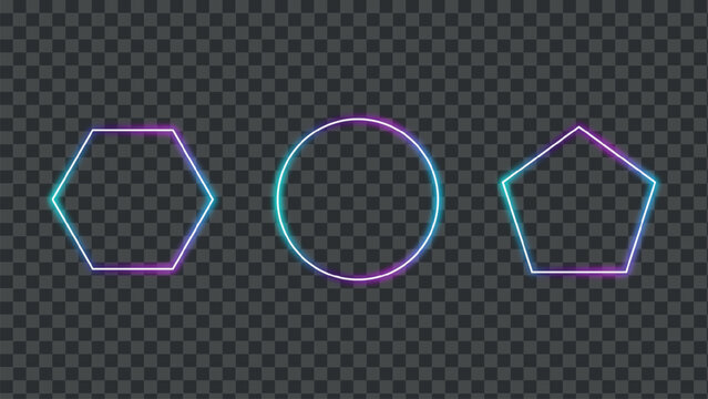 Three glowing geometric neon shapes including a hexagon oval and pentagon on a dark background